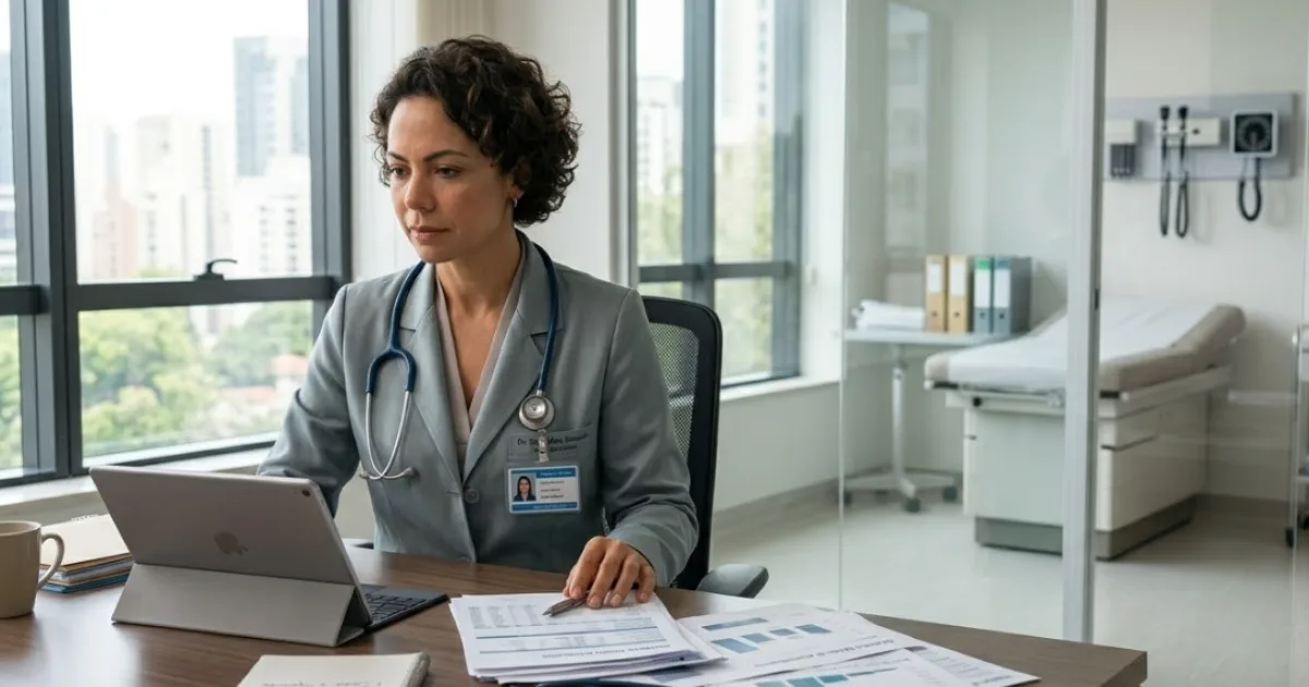 Estratégia de marketing digital para médicos e clínicas: profissional de saúde utilizando tecnologia para gestão e anúncios online.